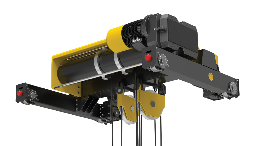 Cutaway of a Wimac double girder hoist trolley showing rope drum, lifting motor and sheaves